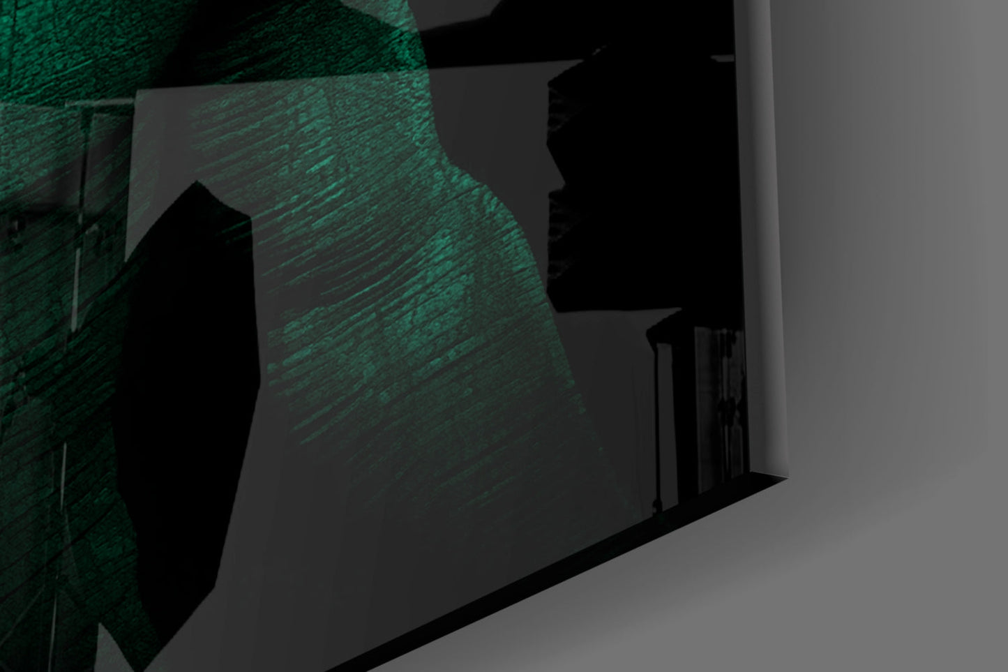 Donnie Green Glass Wall Art displayed on brick wall showing textured green glass surface at angled perspective in dim lighting.