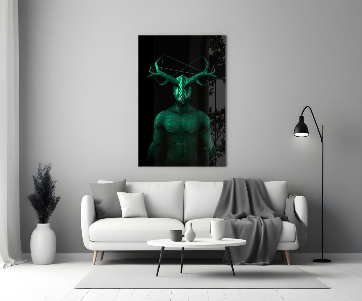 Glowing green glass wall art depicting a humanoid figure with antlers displayed above a white sofa in a modern living room setting.