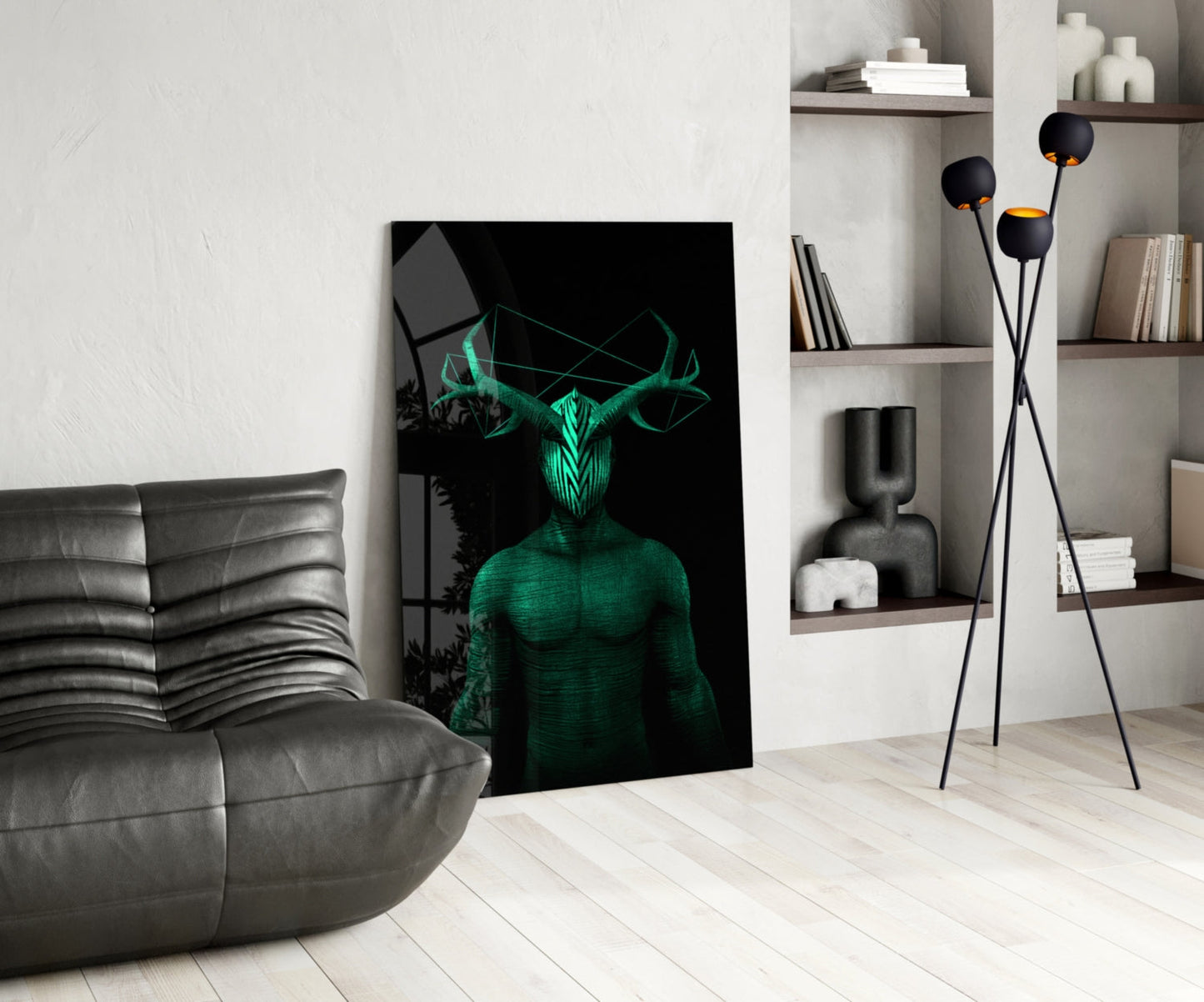 Contemporary living room featuring Donnie Green Glass Wall Art leaning against white wall beside gray leather chair and black floor lamp.