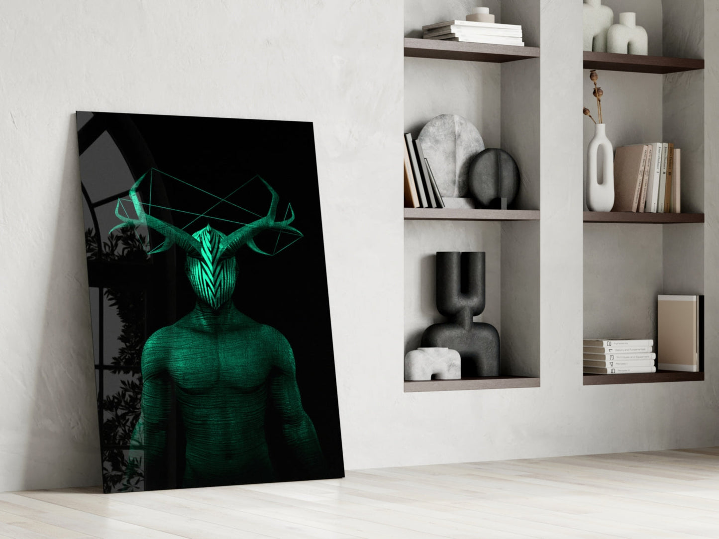 Glowing green neon deer head figure on black glass leaning against white wall beside shelving unit.