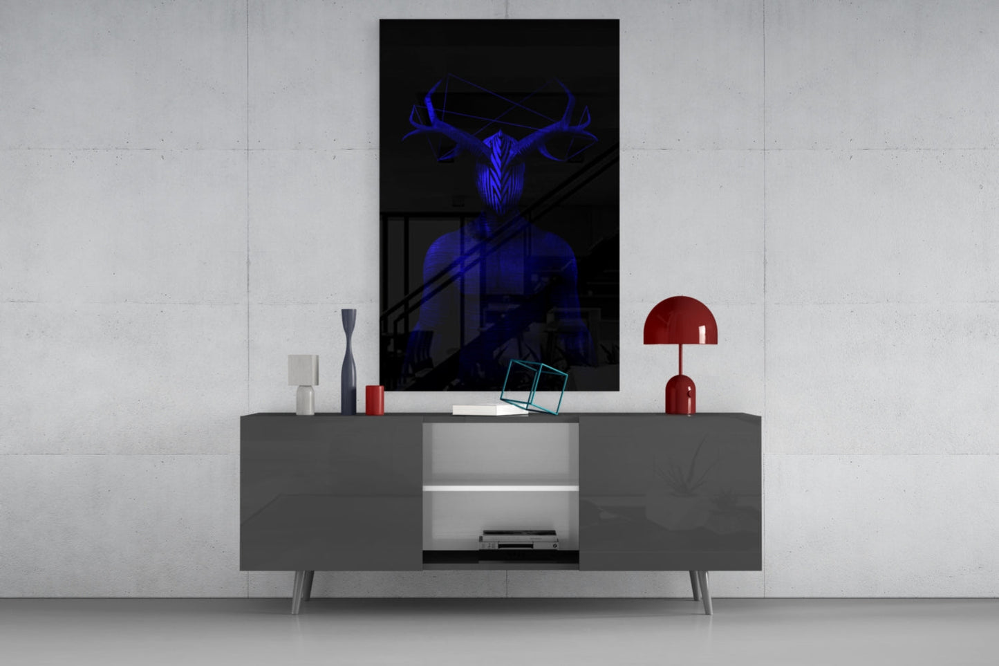 Donnie Blue Glass Wall Art displayed above a gray media console, showing blue neon-style stag head design on black background.