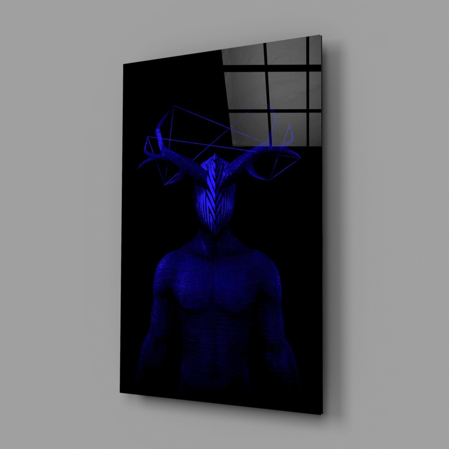 Three-quarter angle view of blue neon figure with geometric head design on black glass panel with gridded window reflection above.