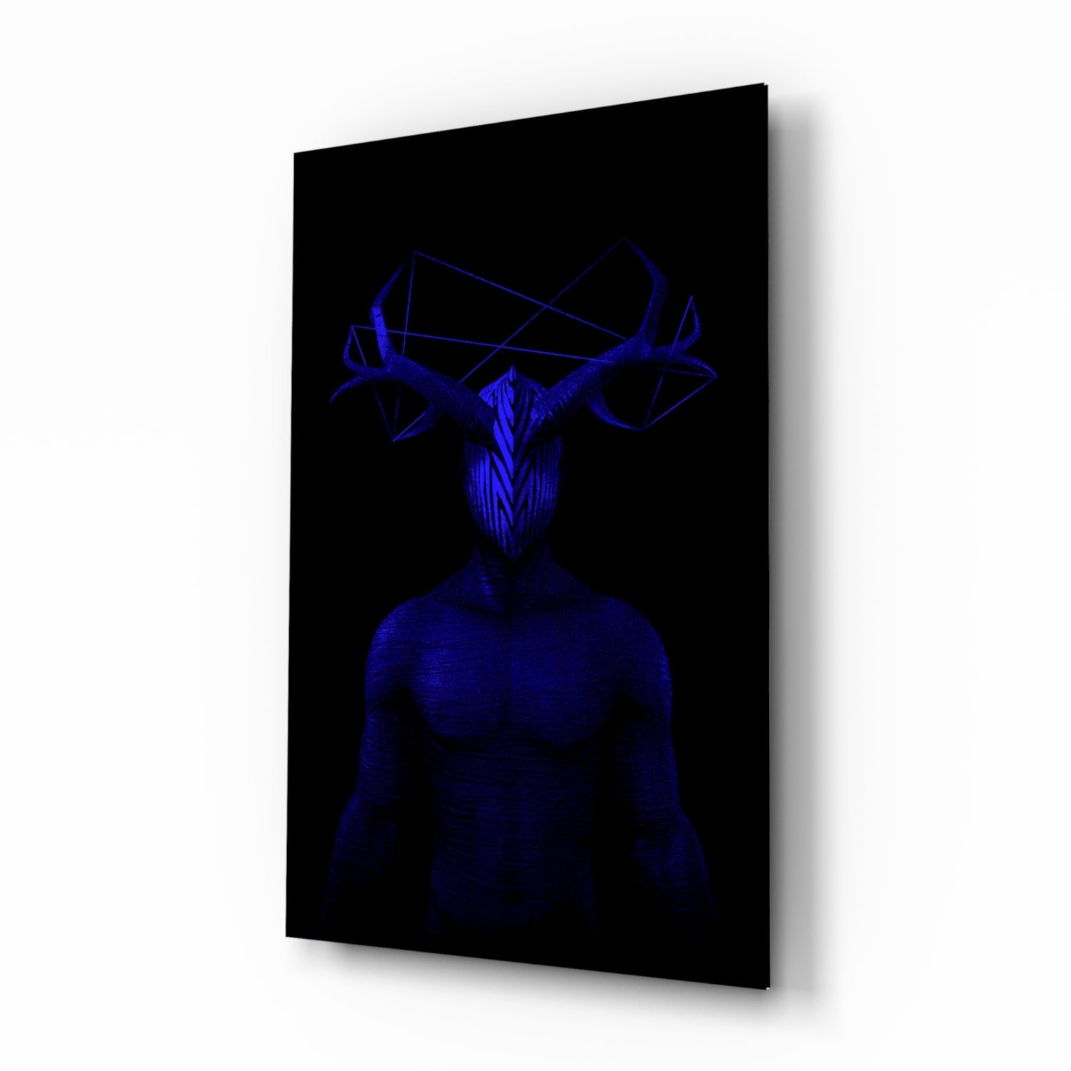 Blue neon glowing humanoid figure with geometric deer antlers head on black glass panel, angled three-quarter view.