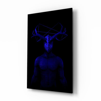 Blue neon glowing humanoid figure with geometric deer antlers head on black glass panel, angled three-quarter view.