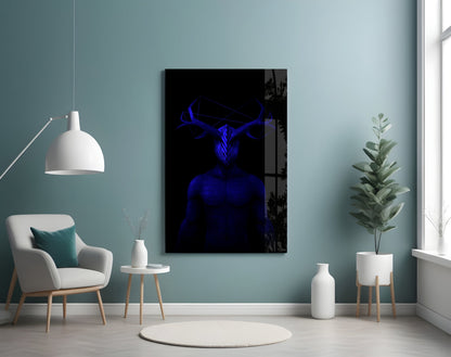 Donnie Blue Glass Wall Art displayed on a teal wall above a white armchair, showing a blue neon-style deer head figure on black background.