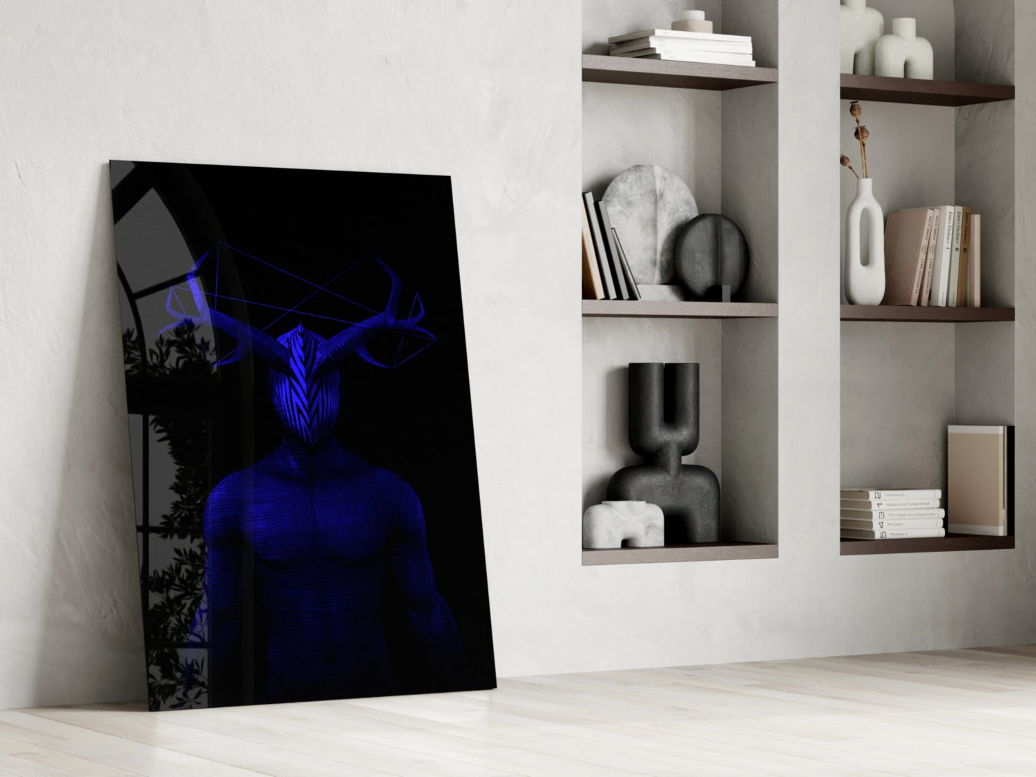 Blue neon bull head artwork leaning against white wall beside wooden shelving unit with decorative objects and books.