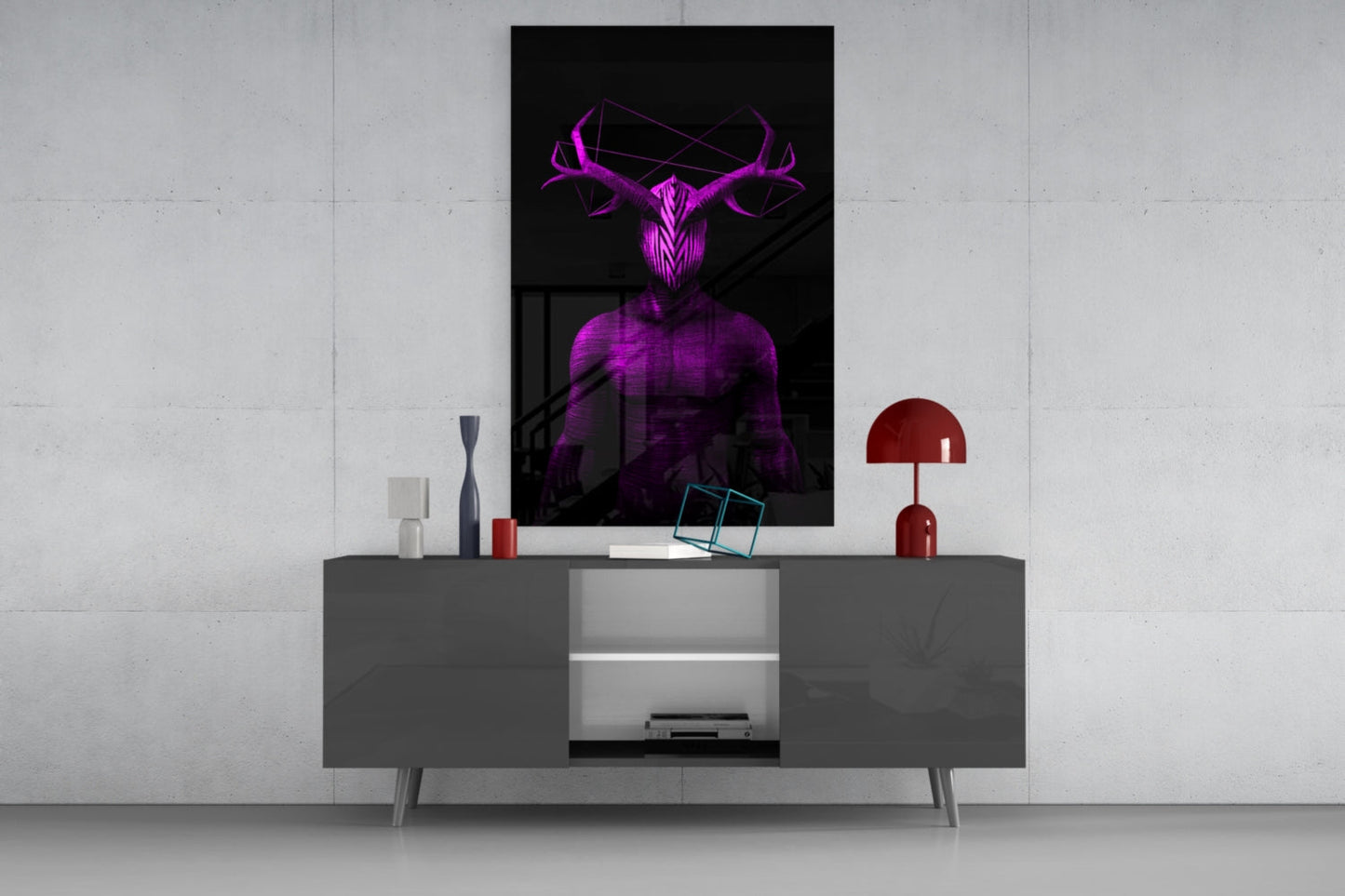 Purple neon glowing deer head portrait displayed above gray modern console table with red lamp and decorative objects.