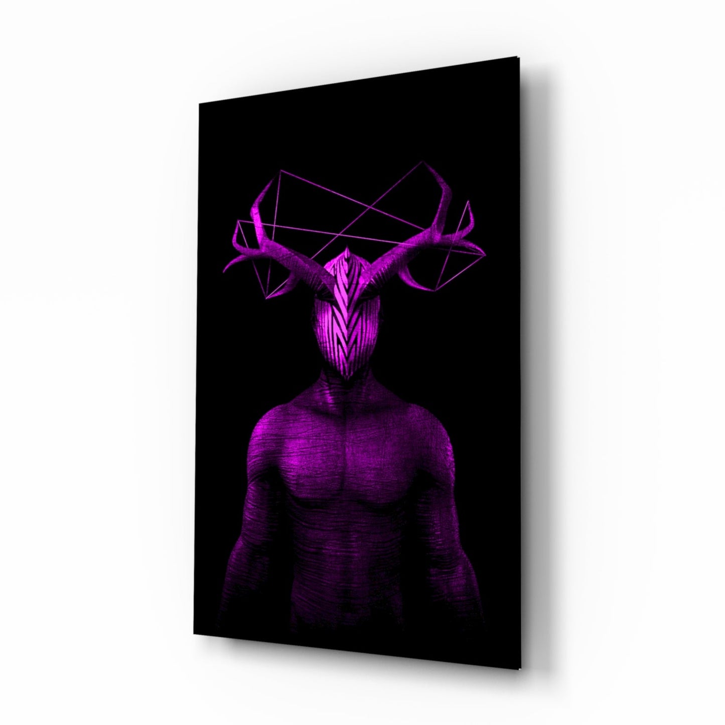 Angled view of purple neon glass wall art depicting a muscular humanoid figure with geometric deer antlers against black background.