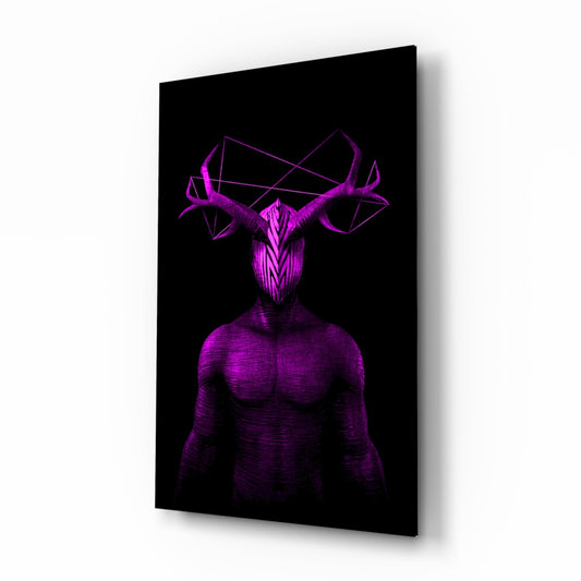 Angled view of purple neon glass wall art depicting a muscular humanoid figure with geometric deer antlers against black background.