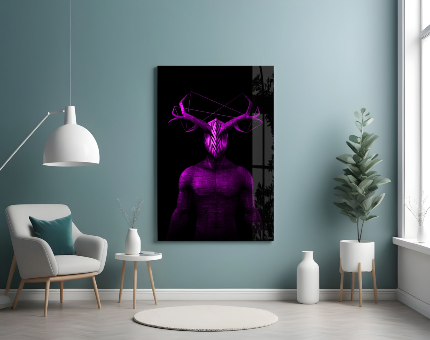 Purple neon deer head artwork displayed on turquoise wall above white chair and potted plants.