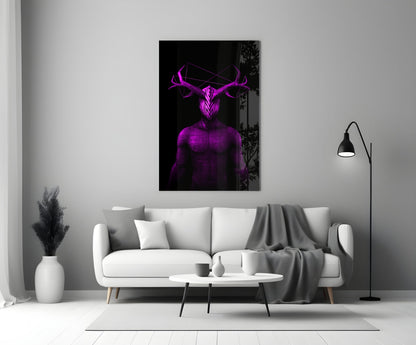 Purple neon glowing figure with antlers displayed above white sofa in minimalist living room setting.