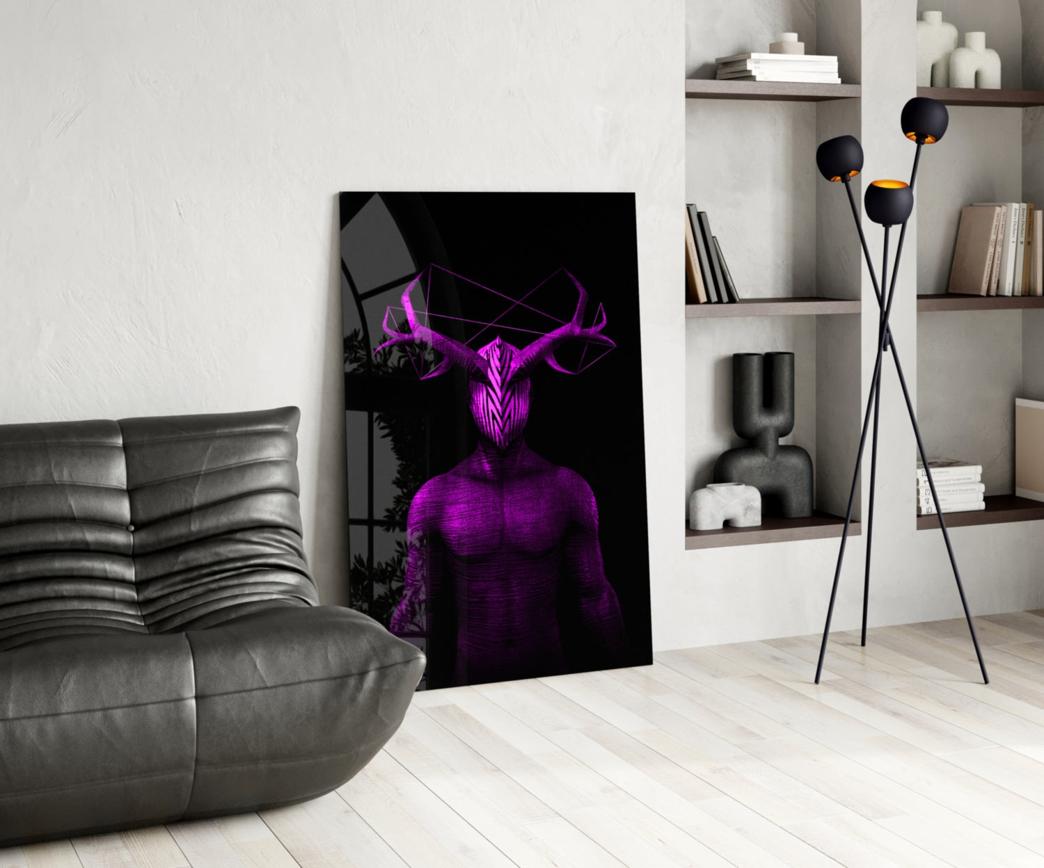 Purple neon glowing horned figure on black glass art displayed in modern living room with gray sofa and shelving.