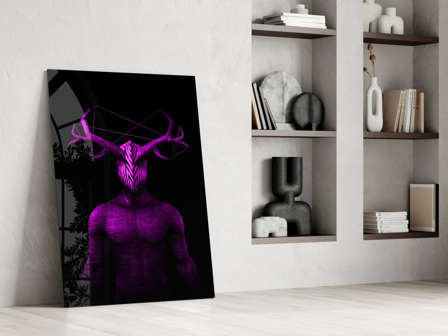 Purple neon glowing figure with geometric horns leaning against white wall beside wooden shelving unit.