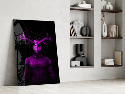 Purple neon glowing figure with geometric horns leaning against white wall beside wooden shelving unit.