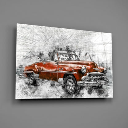 Sketched Red Vintage Convertible Car Glass Wall Art