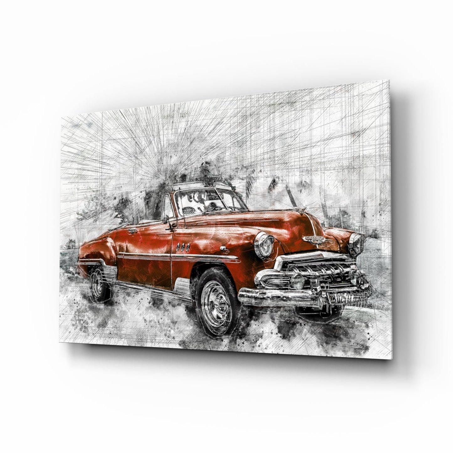 Sketched Red Vintage Convertible Car Glass Wall Art
