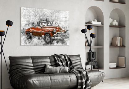 Sketched Red Vintage Convertible Car Glass Wall Art