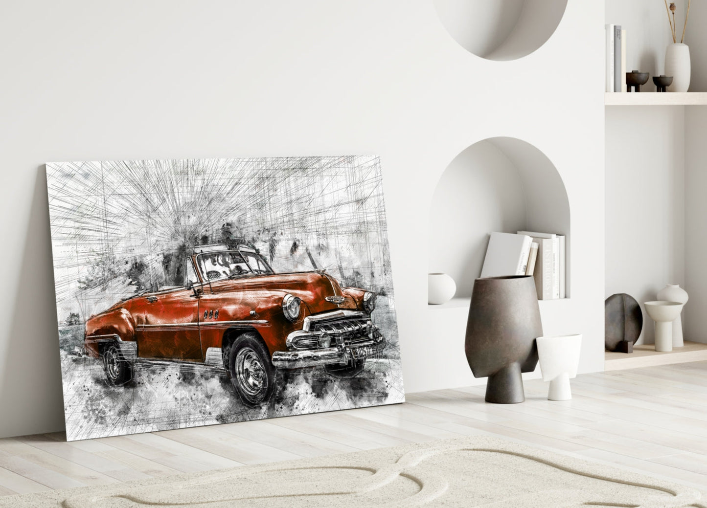 Sketched Red Vintage Convertible Car Glass Wall Art