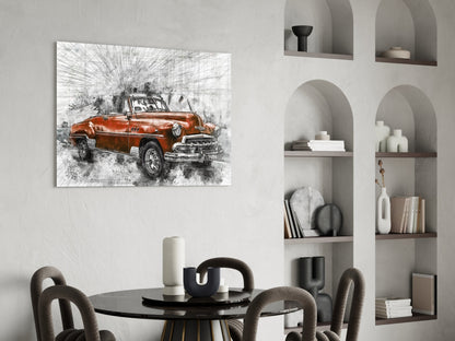 Sketched Red Vintage Convertible Car Glass Wall Art