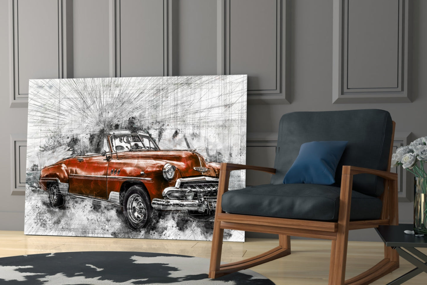 Sketched Red Vintage Convertible Car Glass Wall Art
