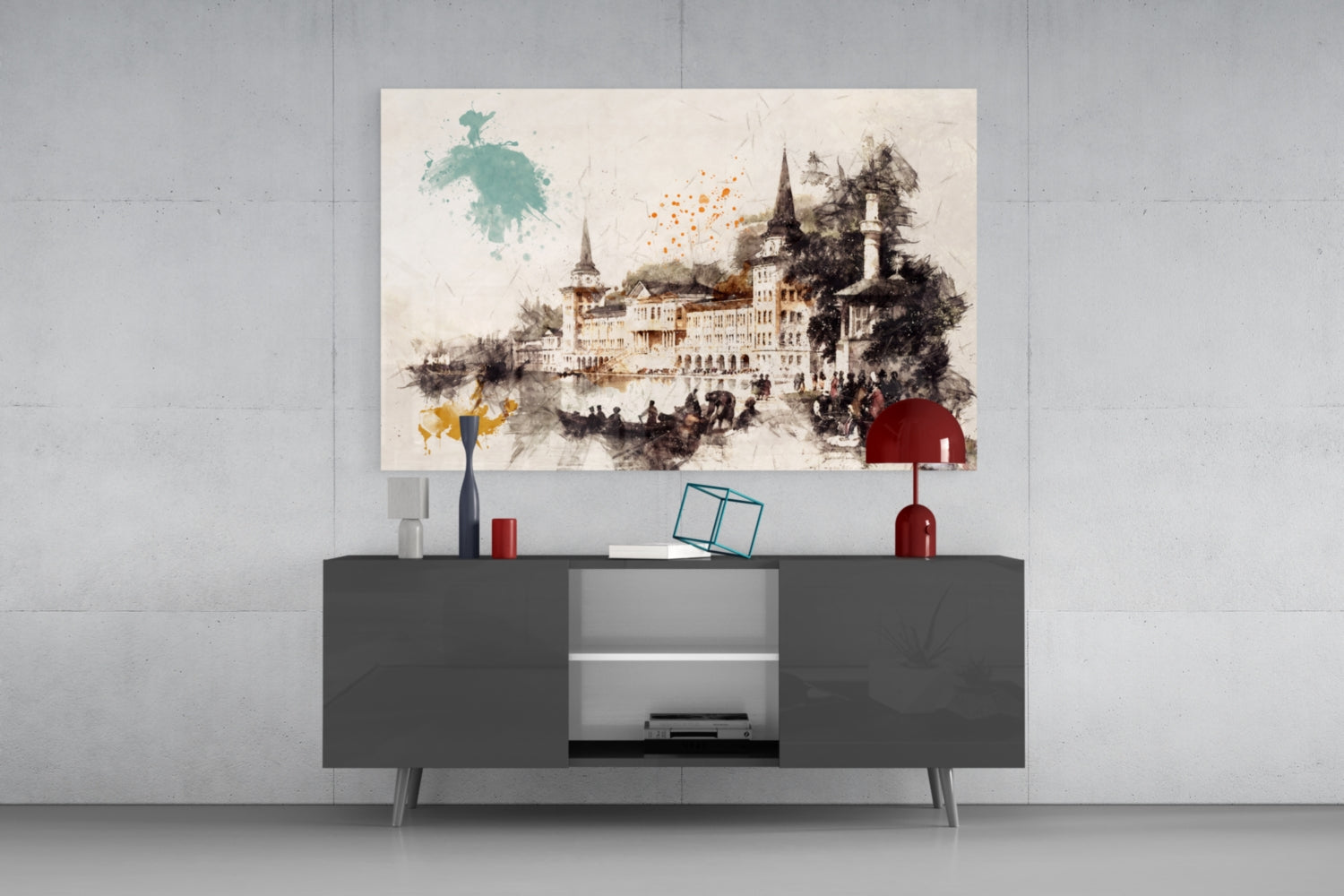 Tower Illustration Glass Wall Art displayed above a dark gray media console, showing watercolor castle with teal and orange accents.