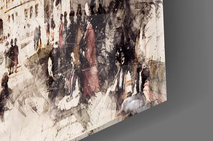 Close-up angled view of textured glass wall art featuring layered architectural sketches in sepia, black, and white tones with splattered details.