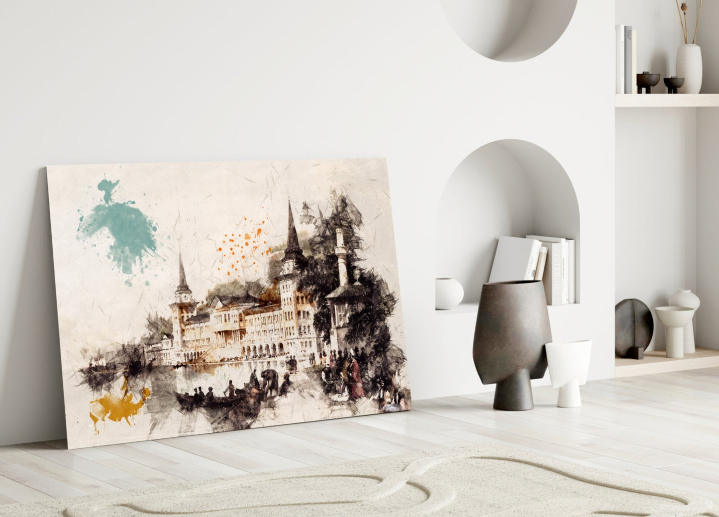 Tower Illustration Glass Wall Art leaning against white wall in minimalist interior with decorative objects and alcoves.
