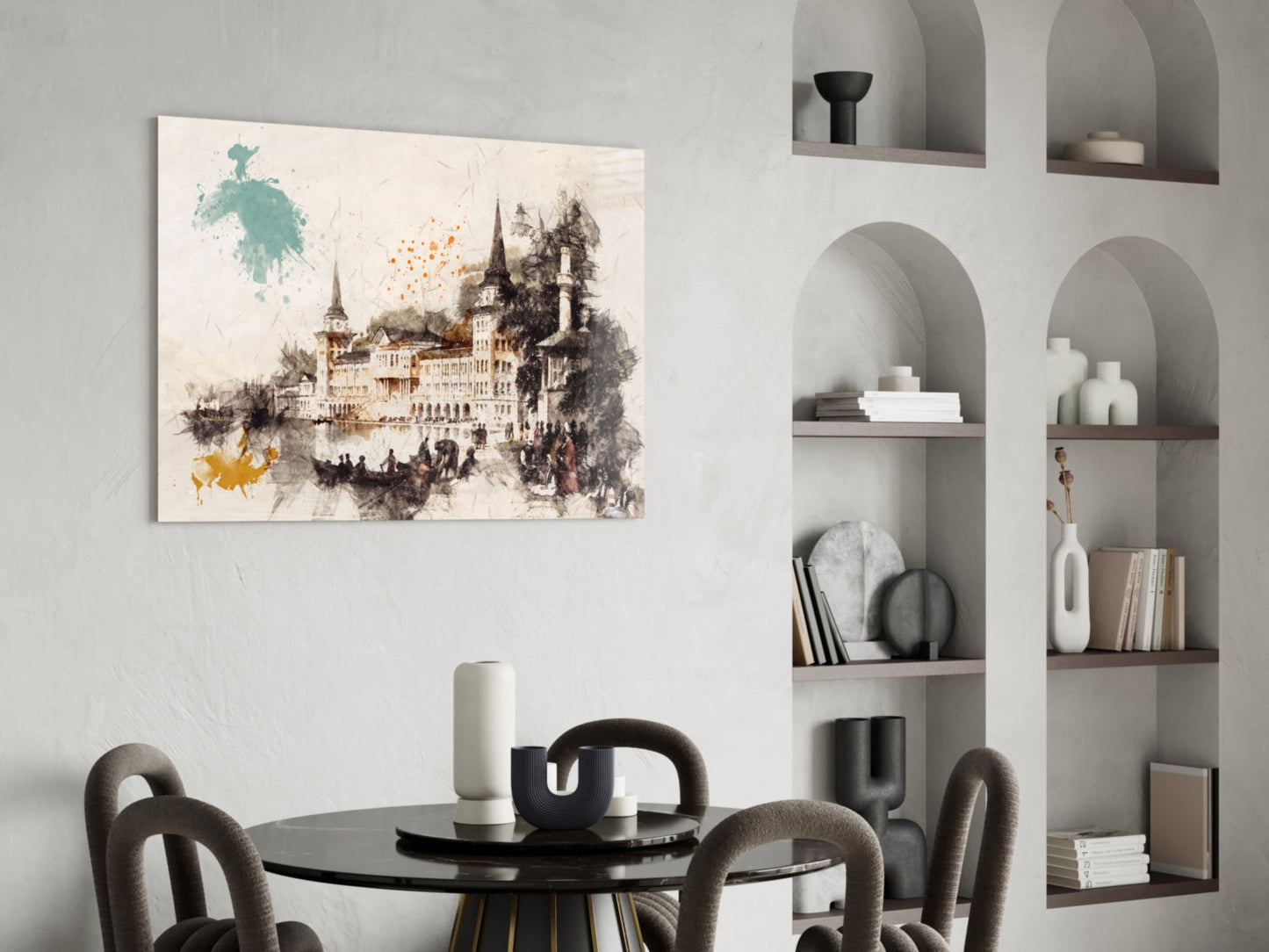 Tower Illustration Glass Wall Art displayed above a black dining table in a modern interior with arched wall shelving and gray upholstered chairs.