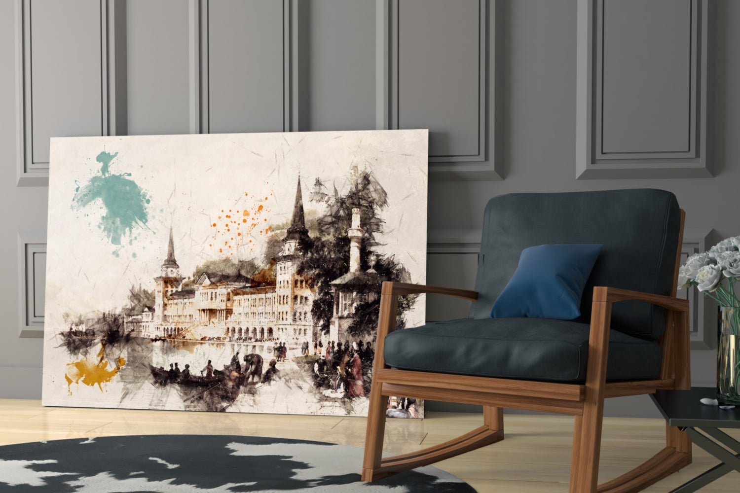 Tower Illustration Glass Wall Art displayed against paneled wall next to wooden chair with blue cushion in modern interior setting.