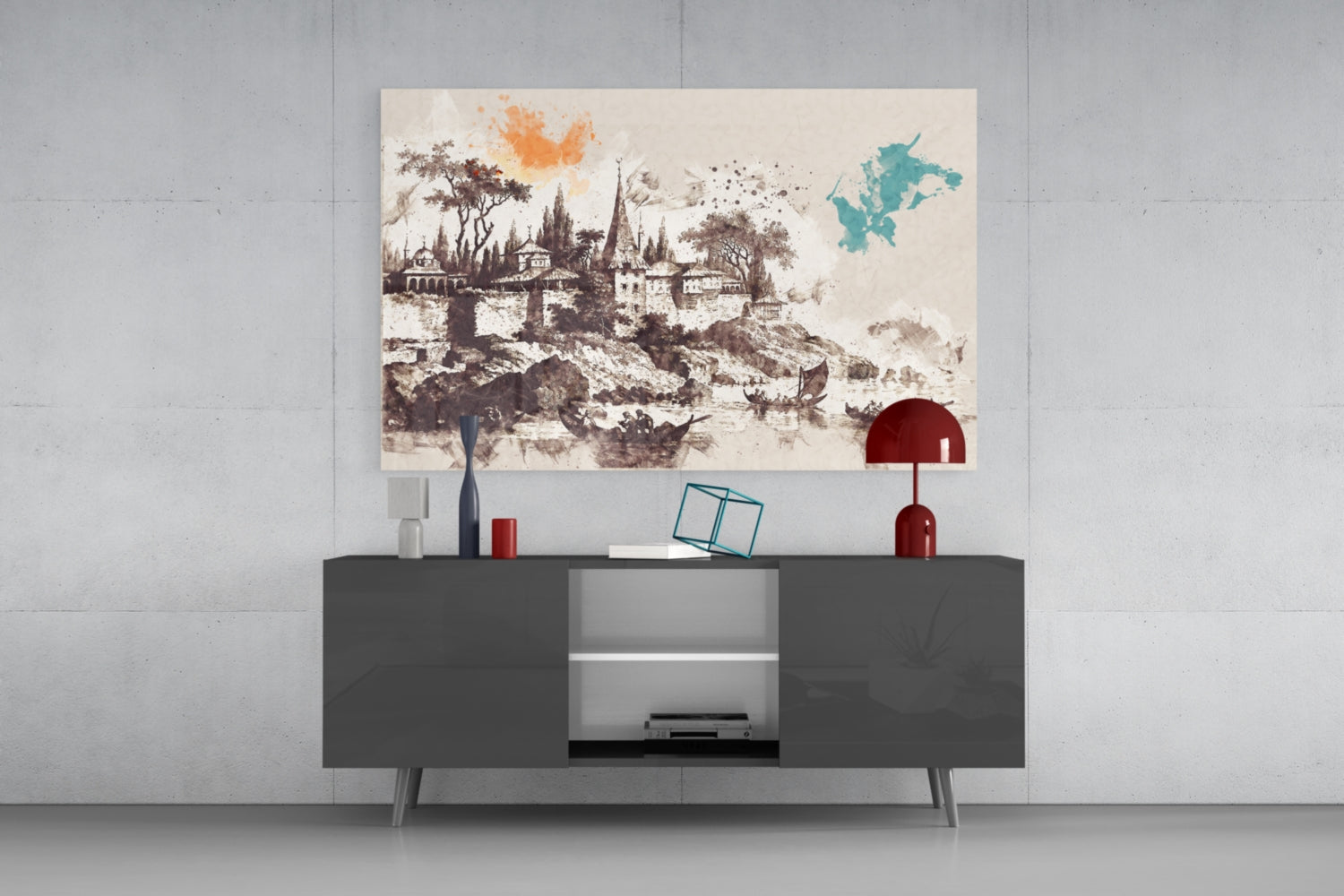Poplar Palace Illustration Glass Wall Art displayed above a dark gray media console, featuring a sepia-toned architectural scene with turquoise and orange watercolor accents.