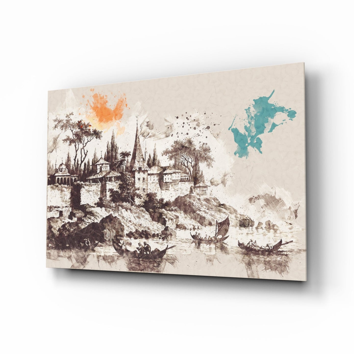 Angled view of glass wall art displaying a sepia-toned medieval castle illustration with teal map silhouette and orange watercolor accents.