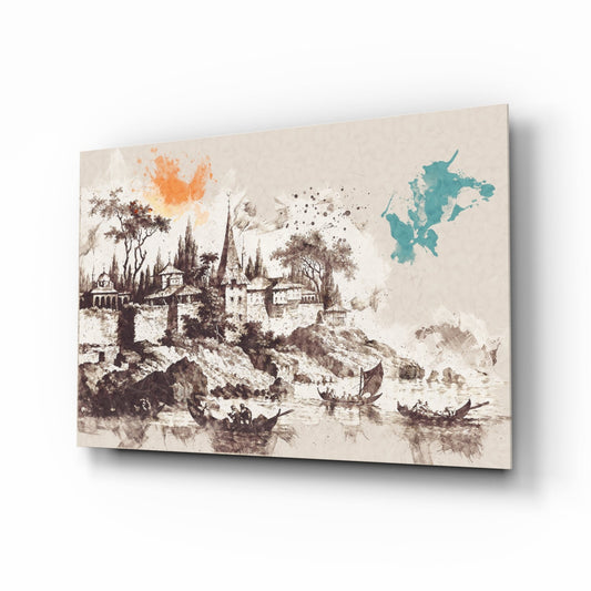 Angled view of glass wall art displaying a sepia-toned medieval castle illustration with teal map silhouette and orange watercolor accents.