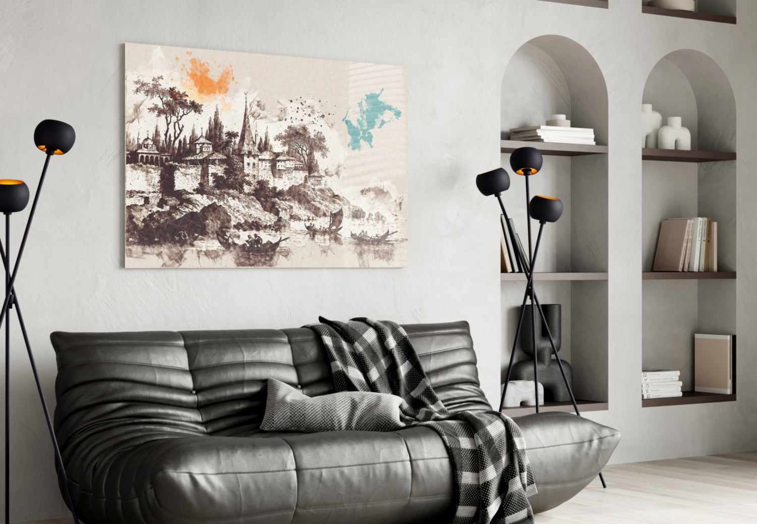 Poplar Palace Illustration Glass Wall Art hanging above black leather sofa in modern living room with built-in shelving and decorative floor lamp.