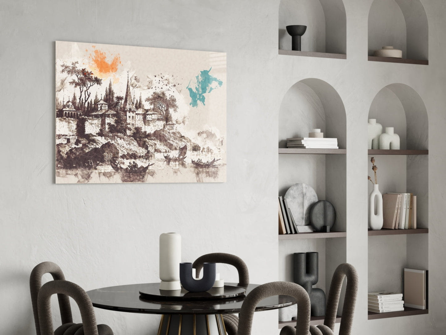 Poplar Palace Illustration glass wall art hanging above a black round dining table, featuring sepia-toned castle landscape with orange and teal watercolor accents.