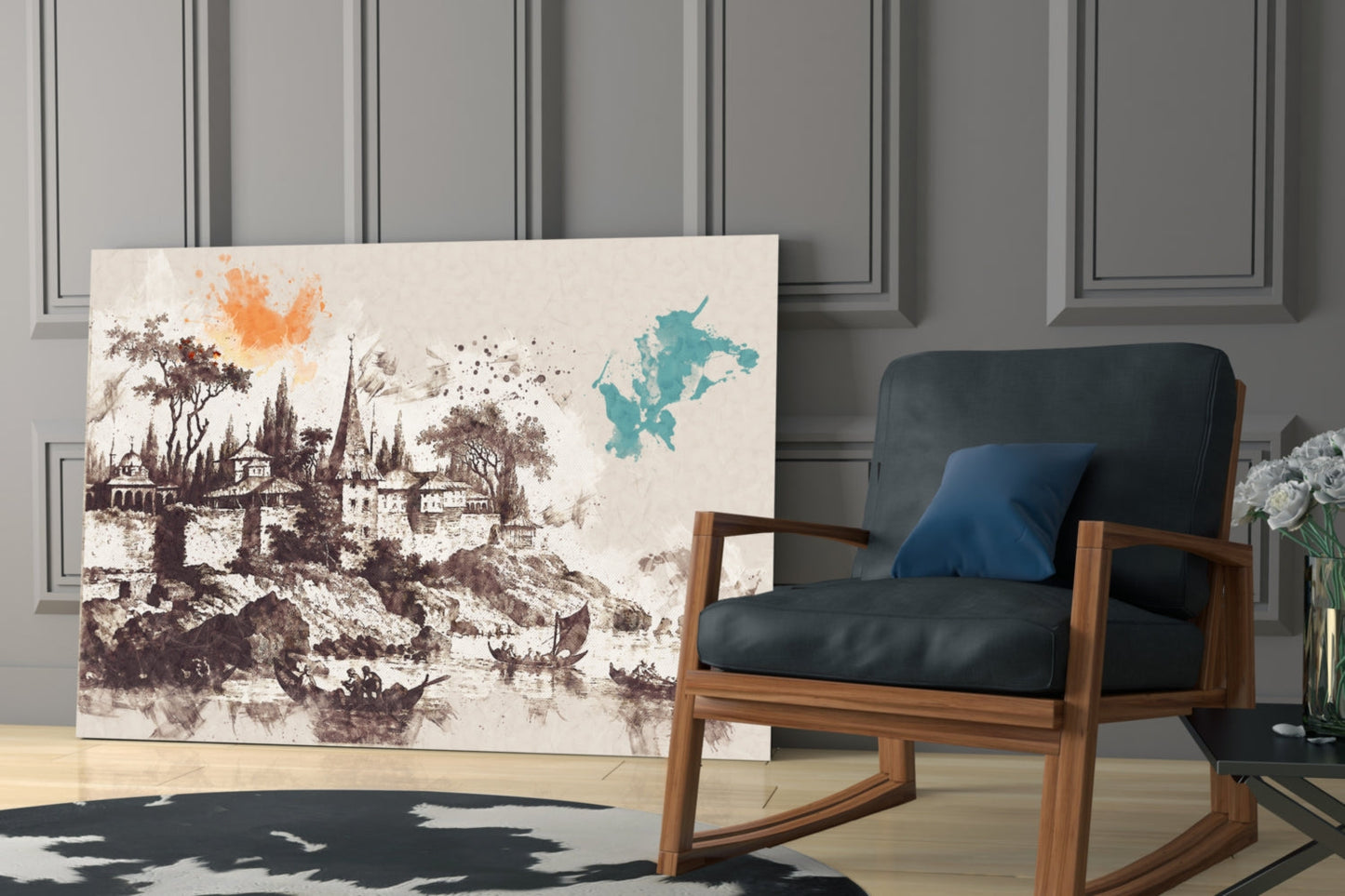 Glass wall art leaning against paneled wall beside wooden chair, depicting sepia palace illustration with teal watercolor map overlay.