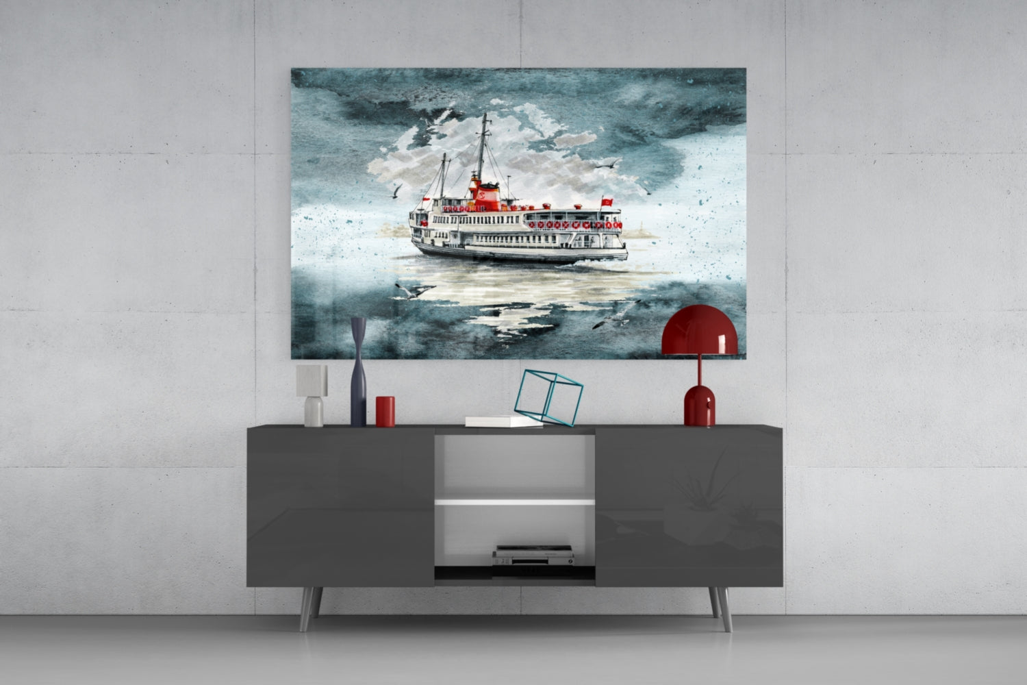 Steamer Turquoise Glass Wall Art hanging above a dark gray media console, displaying a red and white ferry boat on turquoise water with stormy sky.