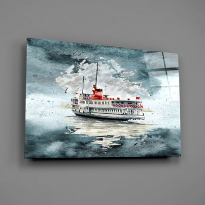 Glass wall art featuring a red and white passenger steamship on turquoise water with cloudy sky background.