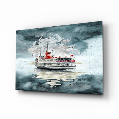 Red and white steamship with Turkish flag on turquoise glass art panel displayed at an angle.