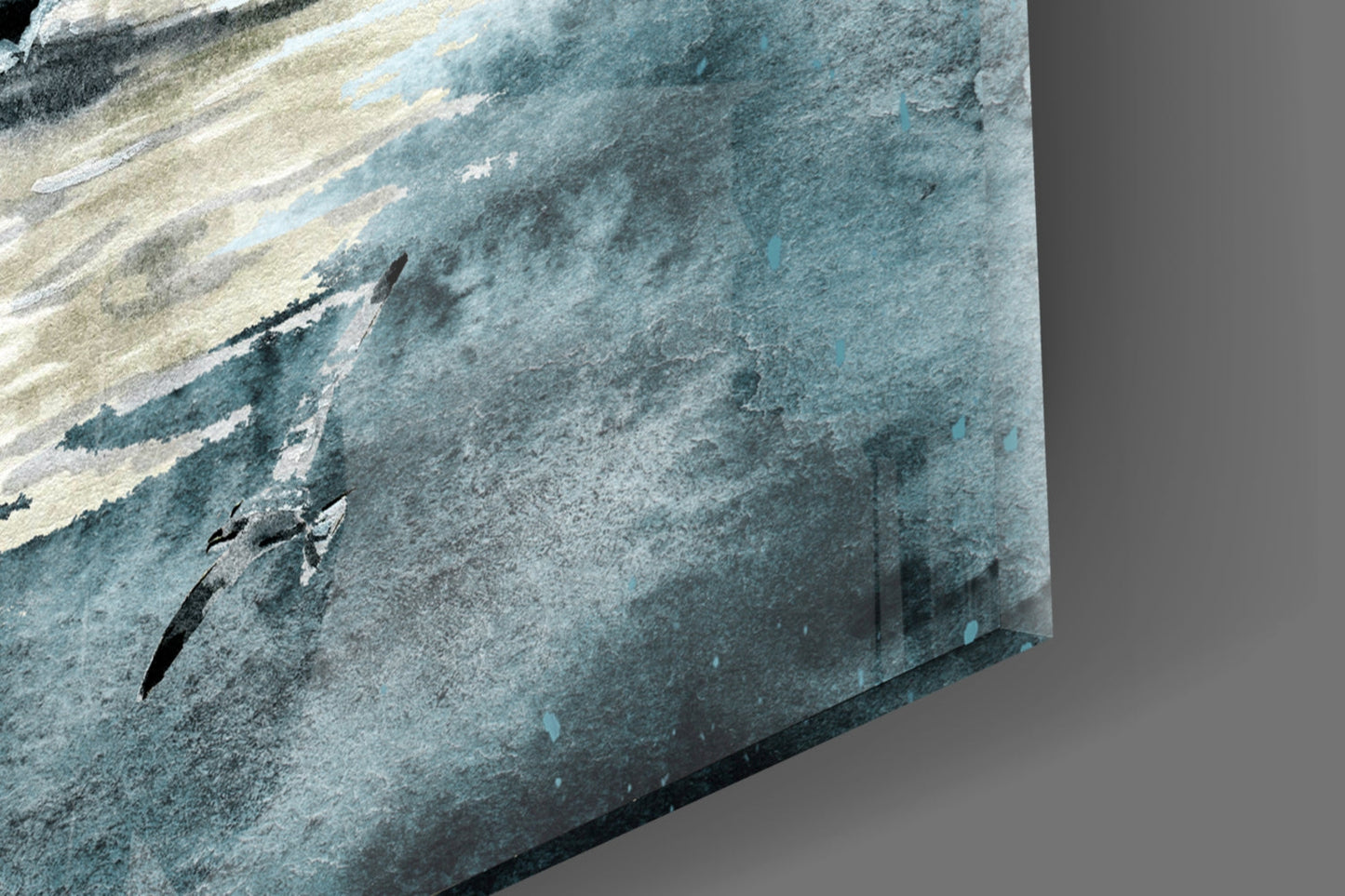 Close-up angled view of turquoise and cream glass wall art showing textured surface with dark streaks and layered color variations.
