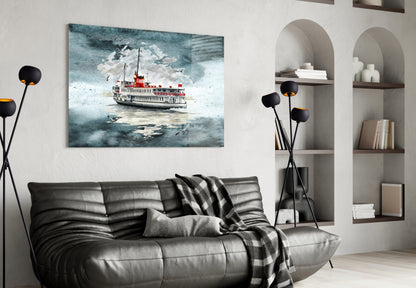 Modern living room with turquoise steamer ship glass wall art above black leather sofa beside white shelving unit.