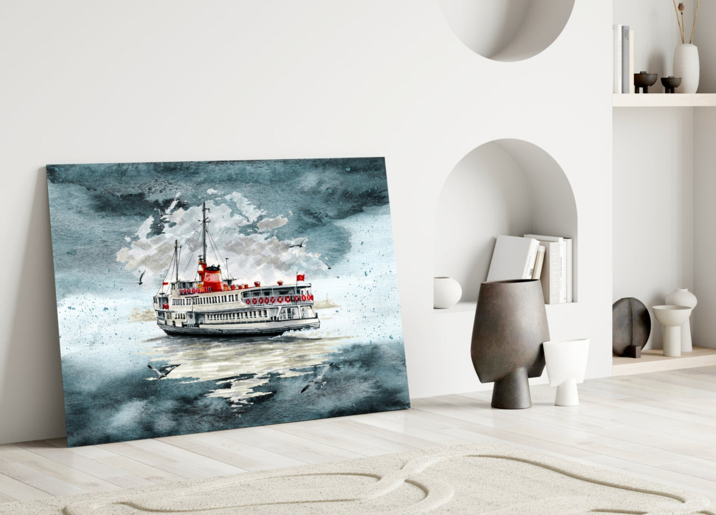 Turquoise glass wall art leaning against white wall displays red and white steamship on textured blue-grey background.