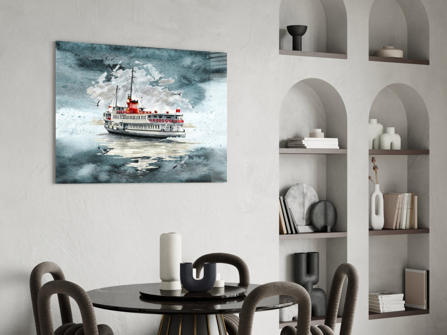 Turquoise glass wall art depicting a red and white steamship on stormy seas, displayed above a round dining table in a modern interior.