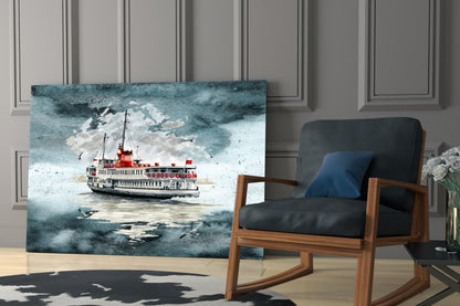 Steamer Turquoise Glass Wall Art displayed in modern living room beside wooden chair, showing vintage red and white steamship on turquoise water.