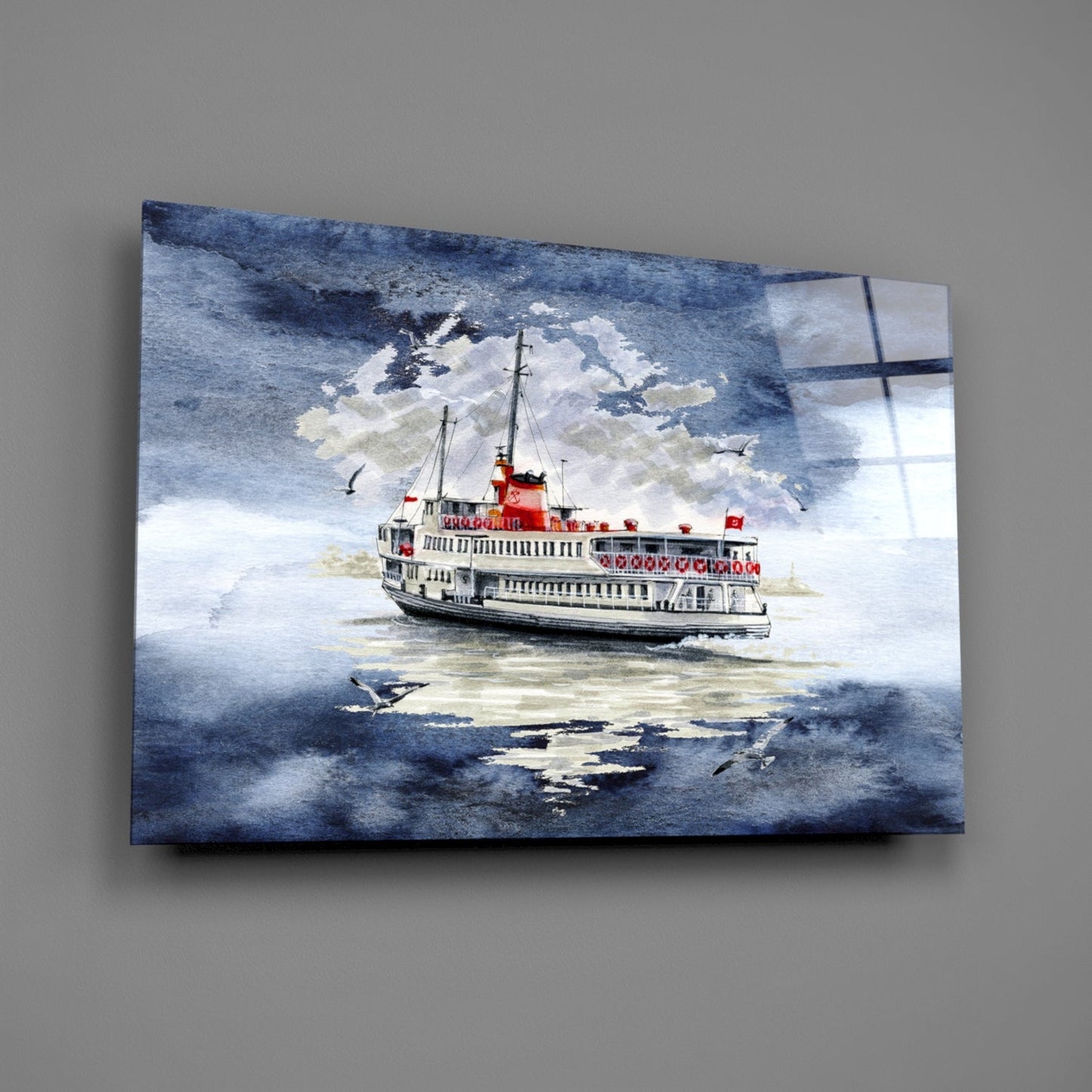 Watercolor painting of a red and white passenger steamship on blue water with cloudy sky, printed on glass wall art panel.