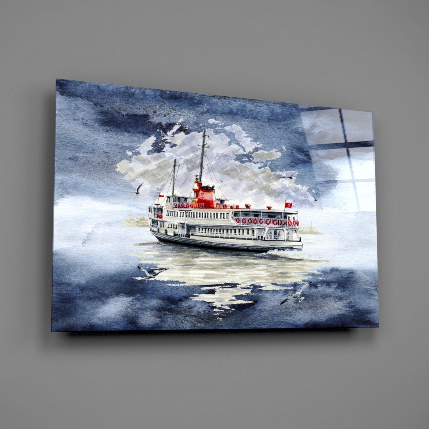 Watercolor painting of a red and white passenger steamship on blue water with cloudy sky, printed on glass wall art panel.