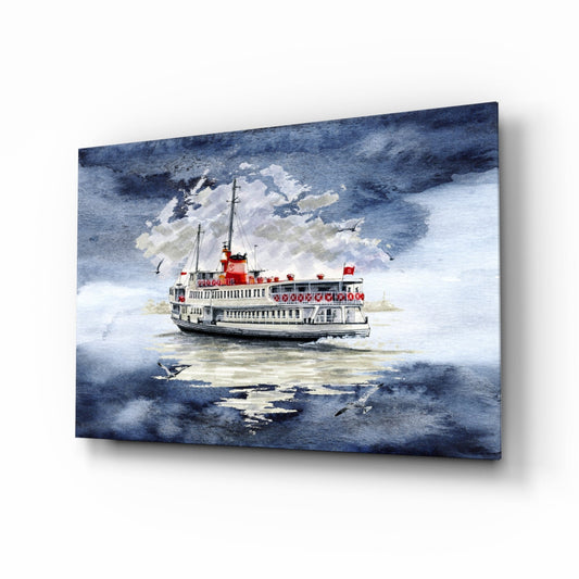 A vintage steamship with red and white hull navigates blue waters under a dramatic cloudy sky, depicted in watercolor style on glass.