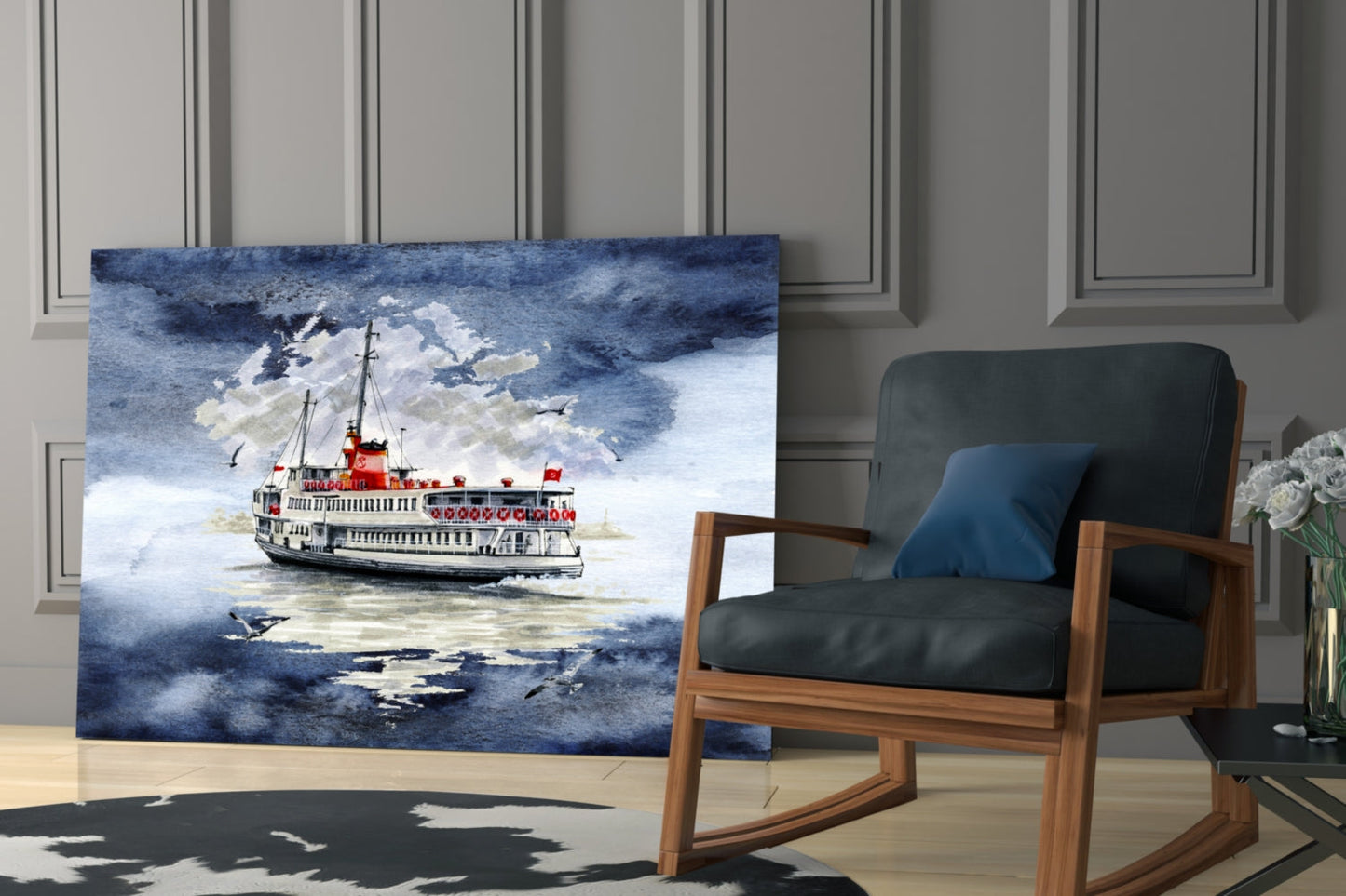 Steamer glass wall art displayed in modern living room beside wooden chair, showing red and white paddle steamer ship on stormy blue ocean.