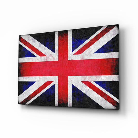 Angled perspective view of a glass wall art panel displaying the Union Jack flag with red, white, and blue colors and distressed texture finish.
