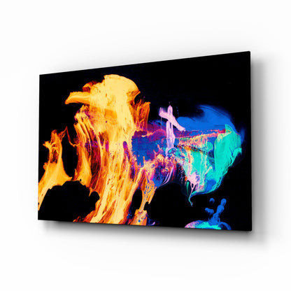 Thermal imaging-style glass wall art displaying vibrant orange flames on the left transitioning to blue and cyan ethereal shapes on the right against black background.