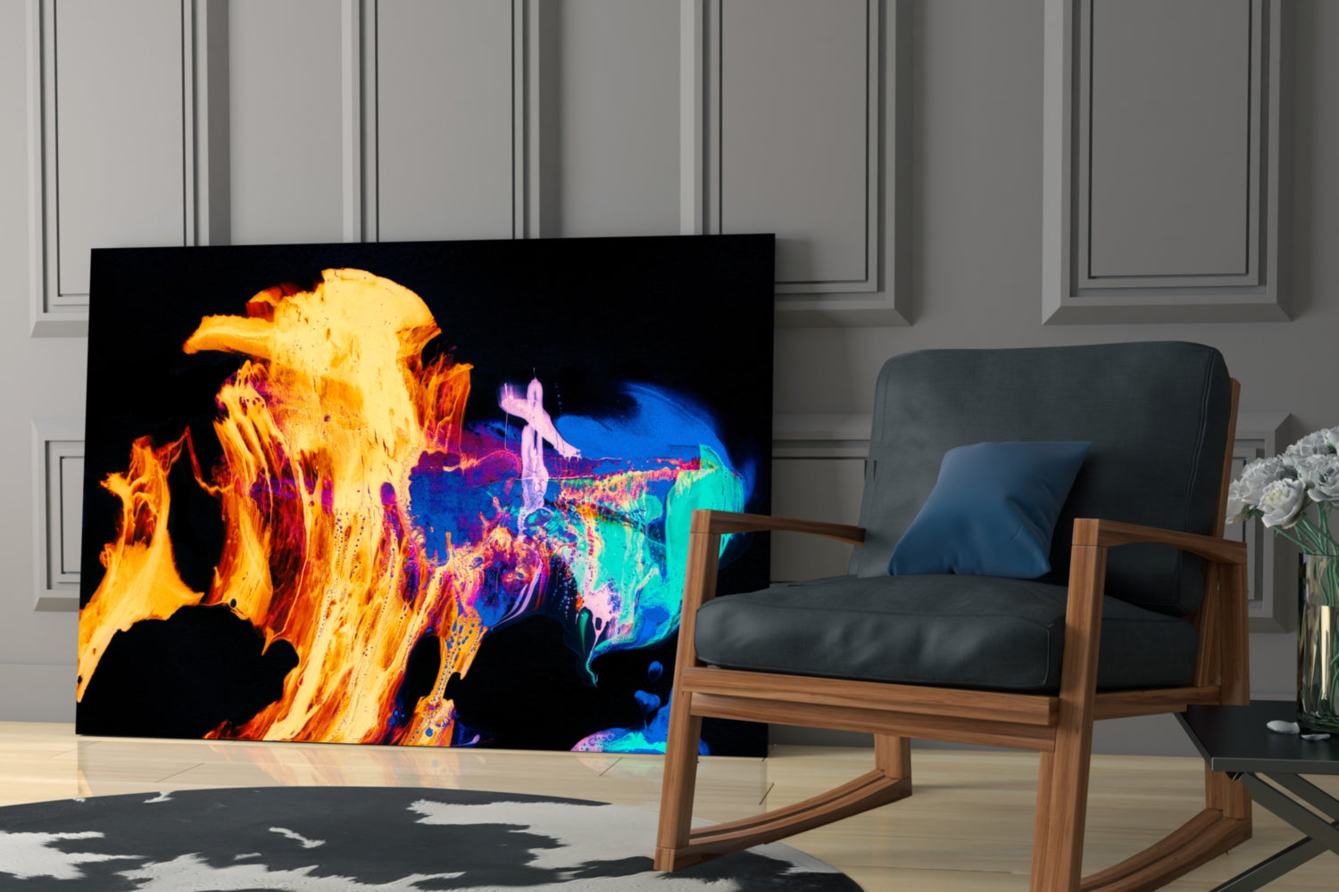 Colorful glass wall art displaying vibrant orange, yellow, blue, and cyan flames against black background in modern living room setting.